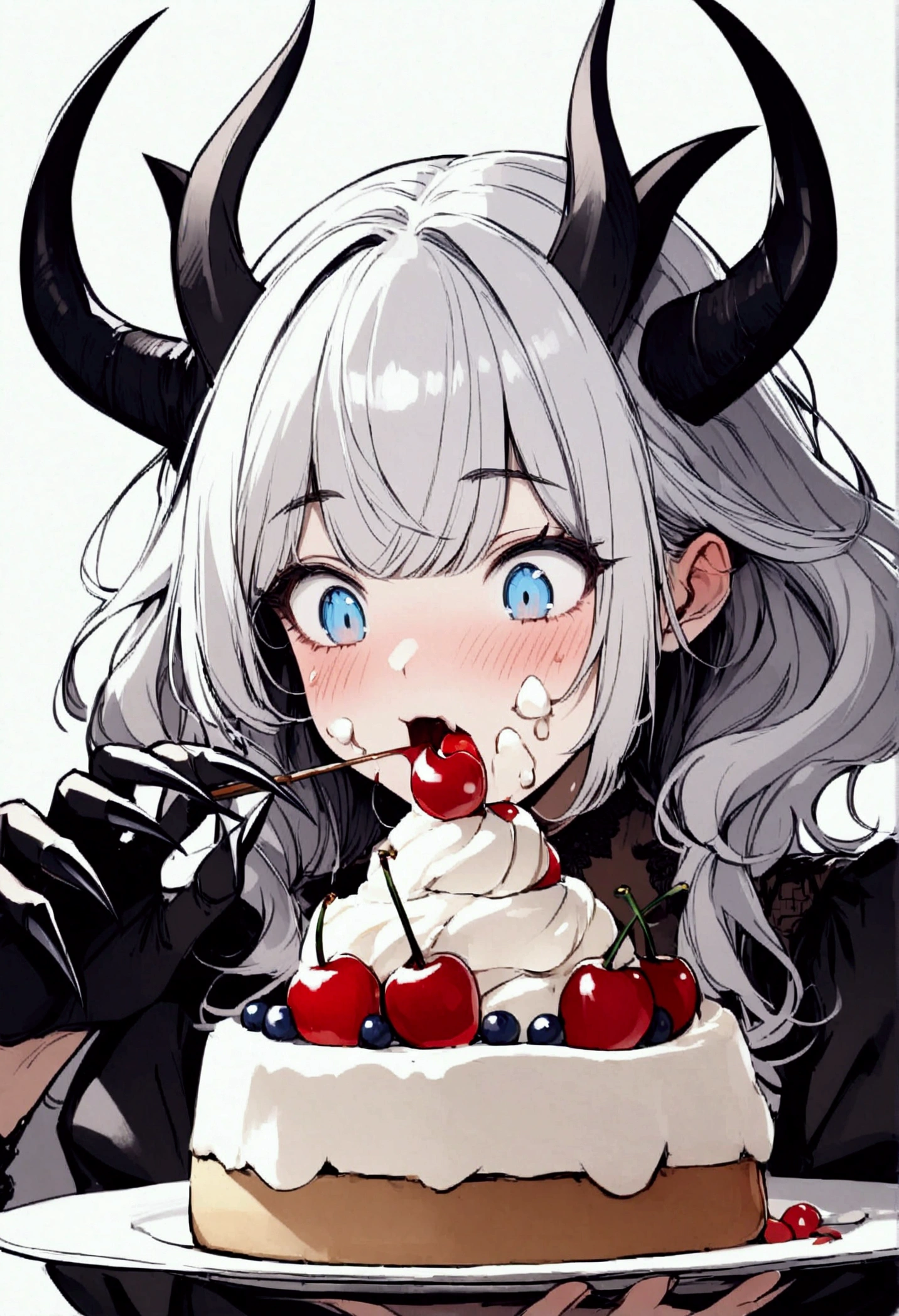Girl, demon, claws, horns, eating, dessert, blushing, beautiful, cream on face, hot, surprised, cherry on top, blue eyes, white hair, fluffy hair
