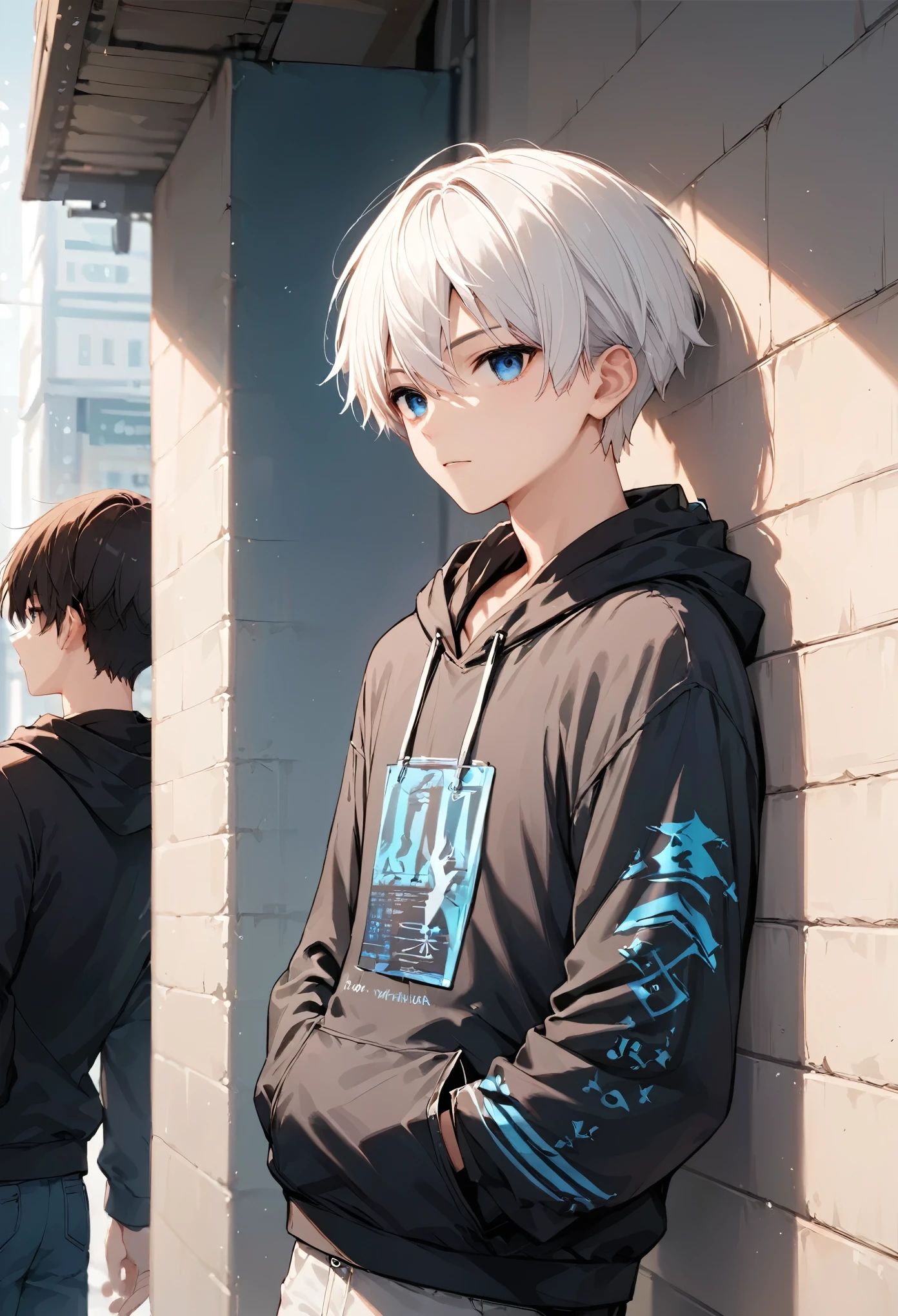 score_9, score_8_up, score_7_up,source_anime, high res image,masterpiece,best quality,anime boy,white hair,blue eyes,black hoodie,