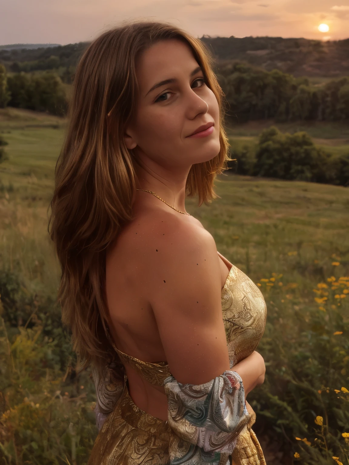A young woman lies serenely on a lush, sunlit meadow, dressed in a stunning paisley print off-the-shoulder top and a flowing maxi skirt. The top, adorned with intricate paisley patterns in vibrant hues of teal, crimson, and gold, drapes gracefully over her shoulders, revealing her collarbones. The maxi skirt, made from a lightweight, airy fabric, flows around her with gentle movement, its subtle sways adding a touch of elegance to her pose.
Her hair is styled in soft, wavy blond locks that cascade over her shoulders, with a buzz-cut at the nape of her neck contrasting against the longer waves. The natural texture of her hair catches the evening light, highlighting its rich, golden tones. Her skin is a warm tan, with realistic imperfections such as freckles and slight blemishes, which add to the authenticity of her appearance. The evening light casts a warm, golden glow across her skin, enhancing its natural beauty and bringing out the rich textures and subtle shadows.
The background features a detailed, realistic depiction of a meadow, lush with greenery and dotted with wildflowers. The setting sun bathes the scene in a soft, golden light, creating a peaceful ambiance. The background is slightly blurred with a soft bokeh effect, focusing attention on the woman while adding depth to the composition. The gentle movement of the skirt and the subtle wind create a dynamic yet serene atmosphere, enhancing the natural feel of the scene.
The off-the-shoulder top reveals the graceful curve of her collarbones, and she wears a delicate necklace that catches the light. Her expression is serene, with a soft smile and a calm demeanor, reflecting a moment of tranquility. The detailed background includes the lush greenery of the meadow and the setting sun, contributing to the overall peaceful ambiance of the image. The intricate patterns on her top and the flowing fabric of her skirt are rendered with rich textures, adding depth and visual interest to the scene.