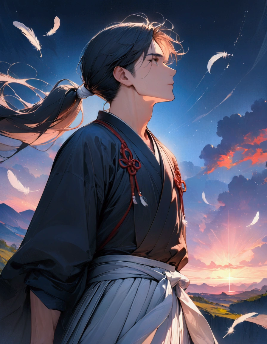 (masterpiece:1.3),(最high quality:1.4),(Very detailedな:1.5),High resolution,Very detailed,8k,artwork,High level of detail,rendering,high quality,Wide range of colors,number々A fantastic space where white feathers rain down,Vivid light,（One man、profile),Landscape,Cool handsome guy,Swordsman、White Hair、Long hair that reaches down to the waist is tied in a single ponytail、White Hakama、白いSwordsmanの服装、((samurai)),There&#39;s a sword on his waist、Looking up with a blank look。