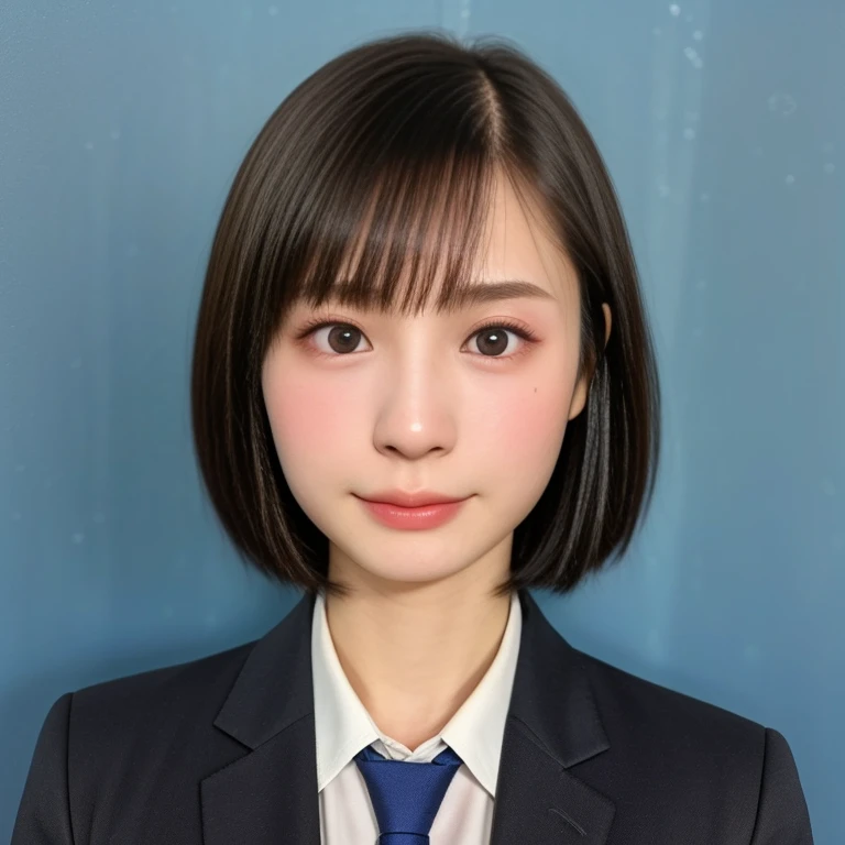 (kawaii 18 year-old Japanese girl, Nogizaka idol, Korean idol, highschool student), healthy female athlete body, (glossy black hair, very short hair, pixie cut, bangs:1.3), (rounded face, single eyelid, no makeup, serious expression:1.2), (wearing suit jacket, collared shirt, necktie:1.3), extra small breasts, (looking at viewer:1.2), BREAK, (simple blue background, yearbook background:1.3), (portrait, id photo, bust shot, view from vertically straight forward:1.3), BREAK, (masterpiece, best quality, photo realistic, official art:1.4), (UHD, 8K quality wallpaper, high resolution, raw photo, golden ratio:1.3), (shiny skin), professional lighting, physically based rendering, award winning, (highly detailed skin, extremely detailed face and eyes), Carl Zeiss 85 mm F/1.4, depth of field, 1girl, solo,