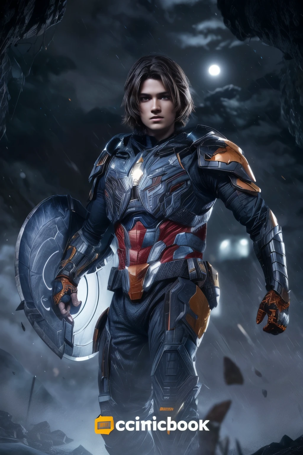 megzeromyth2023,1boy, short brown hair, yellow armor, orange energy sword, 8k, uhd, best quality, masterpiece, intricate,4k,8HD,dino armor,power ranger style,young boy,no helmet,not helmet