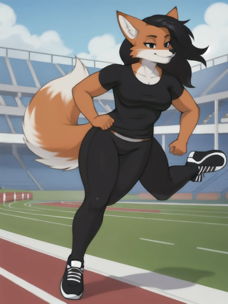 Furry, fox, female, black shirt, black leggings, shoes, running track, solo, full body