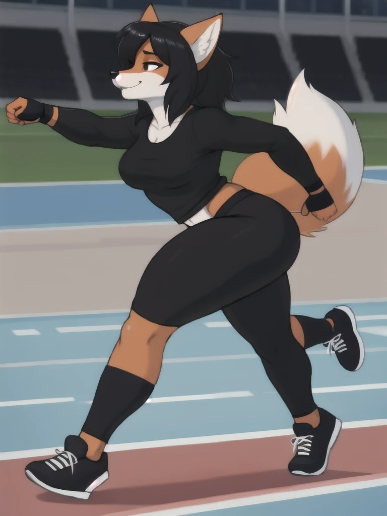 Furry, fox, female, black shirt, black leggings, shoes, running track, solo, full body