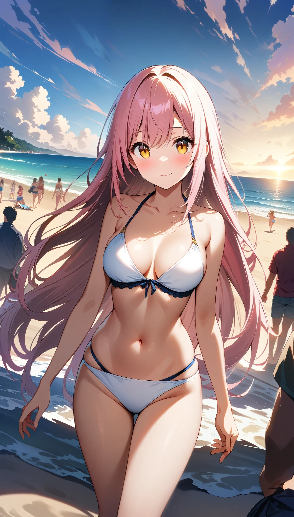 1 girl, long Hair, pink hair, yellow eyes, white bikini, cute bikini, smile, A beach with lots of people, (dynamic　tracing), from front, (cowboy shot), ((32K)), ((best quality)), ((ultra high res)), ((HDR)), ((uhd)), ((extremely detailed CG)), ((unity 32K wallpaper)), ((perfect anatomy)), 