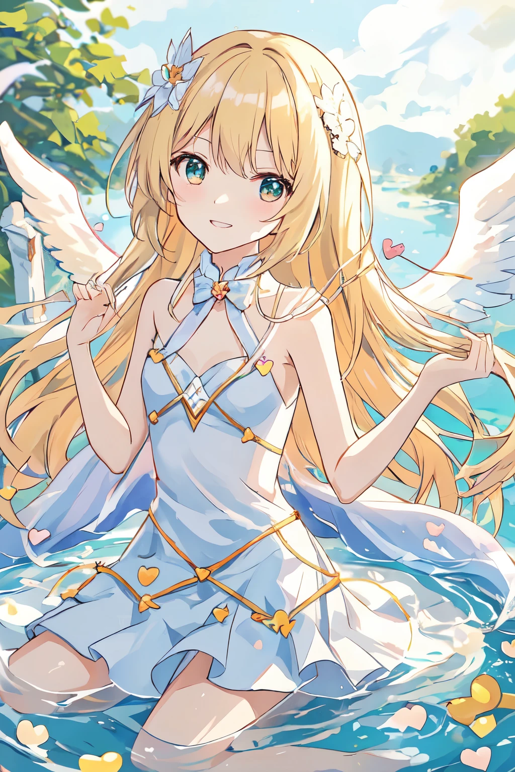 1_girl, (anime, kawai:2), (masterpeice, best_quality, clean:1.5), (sky_background:1.2), (cute, cute_smile, beautiful, wholesome, young:2), (delicate, extremely_delicate, beautiful, thin:1.5), (angel:1.8), (green_eyes, simple_eyes:1.8) (long_hair, blond_hair:1.8), wearing_pink_dress, pink_angel_wings:1.8), (combat:1.2), (nice, delicate:1.5), extremely_delicate, (love_magic:1.8), (age_size_fits_body), (small_thighs:1.3), (breasts), (eye_level:1.3), (heart_magic, love:1.8)
