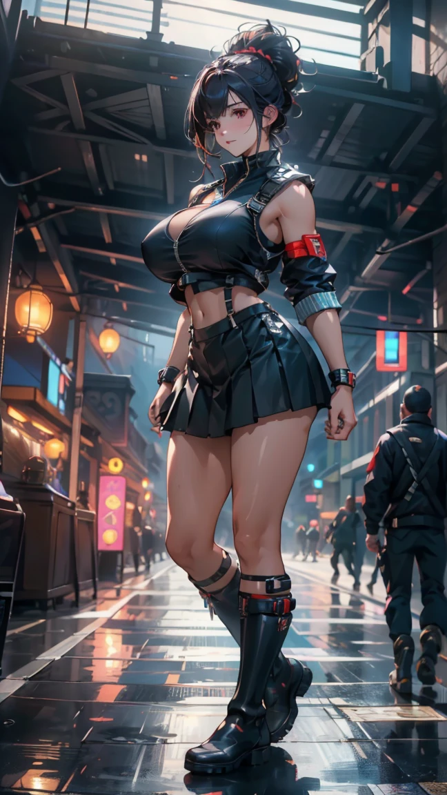 Unreal Engine 5 Photorealistic Rendering, (masterpiece, best quality), Intricate details, (best quality)), ((masterpiece)), ((Practical)), (Surrealism:1.2), (Fractal Art:1.2), 
1 girl, 7rtifa, Crop Top, Arm Guard, Fingerless gloves, Suspenders, Pleated Mini Skirt, Black, Red boots very detailed eyes, rich and colorful, Most detailed, 
Vibrant colors, High contrast,
(8K Ultra HD:1.2), (photoPractical:1.2), Pretty Face, top body is hyper Practical thicc muscle and hyper largest_Chest!! with Chest type_melons, Big ass, Hydrated and shiny body,huge , Crazy breast swelling, Chest大于肩胛骨, Big breasts and thin waist，(huge breasts:1.2)，Hydrated skin（（rogue））（（非常huge乳房）），（（Grooves reveal original skin））