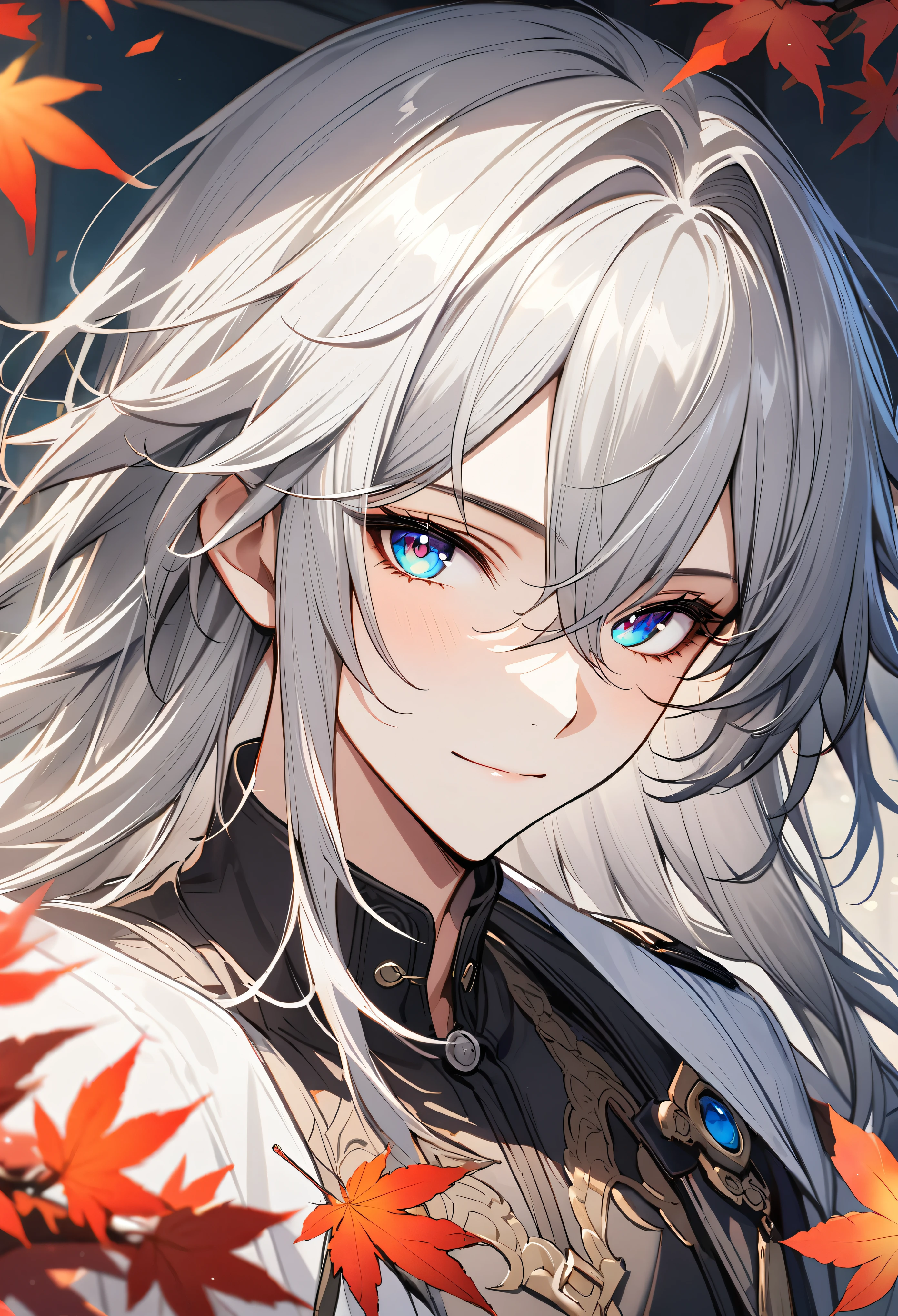 Serious Star Rail Blade,Miyabi、 Calm, detailed, Beautiful Face, Calm atmosphere, View your audience, An interesting configuration, whole body, Between Windows, masterpiece, Highest quality, 1 male, Adult, good looking, expensive, finely detailed eyes and detailed face, Gray Hair, extremely detailed CG unity 8k wallpaper, 複雑なdetailed, 複雑なdetailed, Maple leaves, Maple, Calm, good, kind, Happy, Gray Hair, blue eyes