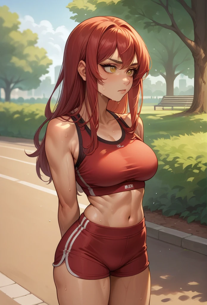 score_9, score_8_up, source_anime, 1girl, solo, JuneAvatar, makeup, red hair, Straight Hair,gold eyes,super long hair, sports bra, shorts, tight shorts, sweat, outdoors, park scene, arms behind back, Straight Hair, 