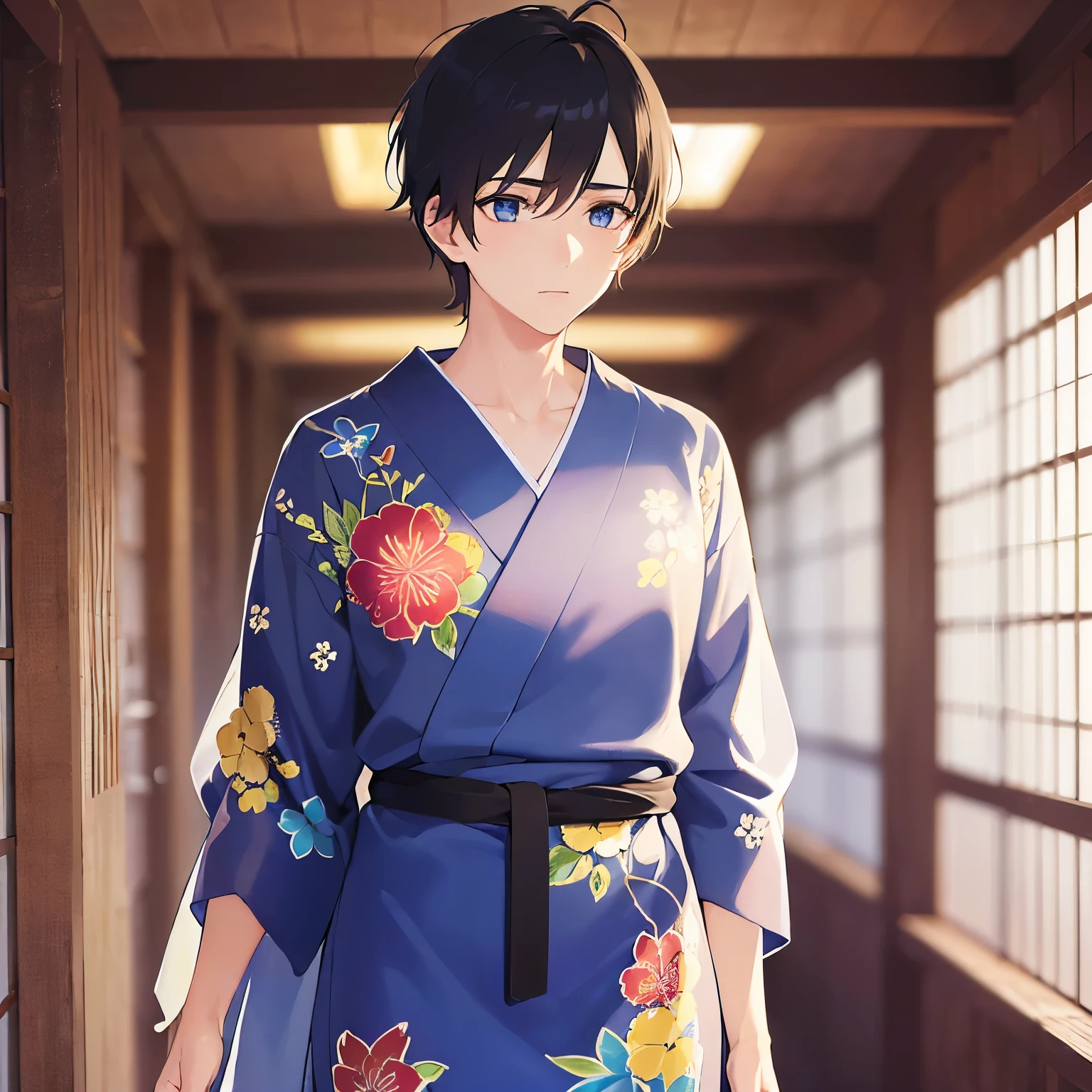 (25-year-old male:1.5) and(Black short hair) and (blue eyes), Side shot, (looking away:1.5), upper body、
masterpiece、Highest quality、
blue yukata,worried,The background is a Japanese-style corridor at night、Walking（alone:1.5）