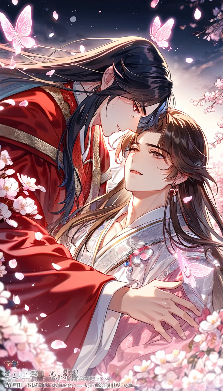 absurdres, highres, ultra detailed, HDR, master piece, best quality, extremely detailed, Hua Cheng, black hair, long hair, expressive red eyes, Heaven Official's Blessing, Xie Lian, brown hair, expressive brown eyes, two sexy men together, yaoi, gay couple, handsome, sensual, white robes, red robes, magical, sparkling, pink glittering fireflies, pink ice, pink ice butterflies, pink ice petals, pink ice cherry blossoms, pink crystal