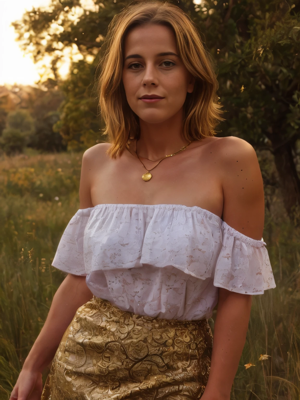 A young woman lies serenely on a lush, sunlit meadow, dressed in a stunning paisley print off-the-shoulder top and a flowing maxi skirt. The top, adorned with intricate paisley patterns in vibrant hues of teal, crimson, and gold, drapes gracefully over her shoulders, revealing her collarbones. The maxi skirt, made from a lightweight, airy fabric, flows around her with gentle movement, its subtle sways adding a touch of elegance to her pose.
Her hair is styled in soft, wavy blond locks that cascade over her shoulders, with a buzz-cut at the nape of her neck contrasting against the longer waves. The natural texture of her hair catches the evening light, highlighting its rich, golden tones. Her skin is a warm tan, with realistic imperfections such as freckles and slight blemishes, which add to the authenticity of her appearance. The evening light casts a warm, golden glow across her skin, enhancing its natural beauty and bringing out the rich textures and subtle shadows.
The background features a detailed, realistic depiction of a meadow, lush with greenery and dotted with wildflowers. The setting sun bathes the scene in a soft, golden light, creating a peaceful ambiance. The background is slightly blurred with a soft bokeh effect, focusing attention on the woman while adding depth to the composition. The gentle movement of the skirt and the subtle wind create a dynamic yet serene atmosphere, enhancing the natural feel of the scene.
The off-the-shoulder top reveals the graceful curve of her collarbones, and she wears a delicate necklace that catches the light. Her expression is serene, with a soft smile and a calm demeanor, reflecting a moment of tranquility. The detailed background includes the lush greenery of the meadow and the setting sun, contributing to the overall peaceful ambiance of the image. The intricate patterns on her top and the flowing fabric of her skirt are rendered with rich textures, adding depth and visual interest to the scene.
