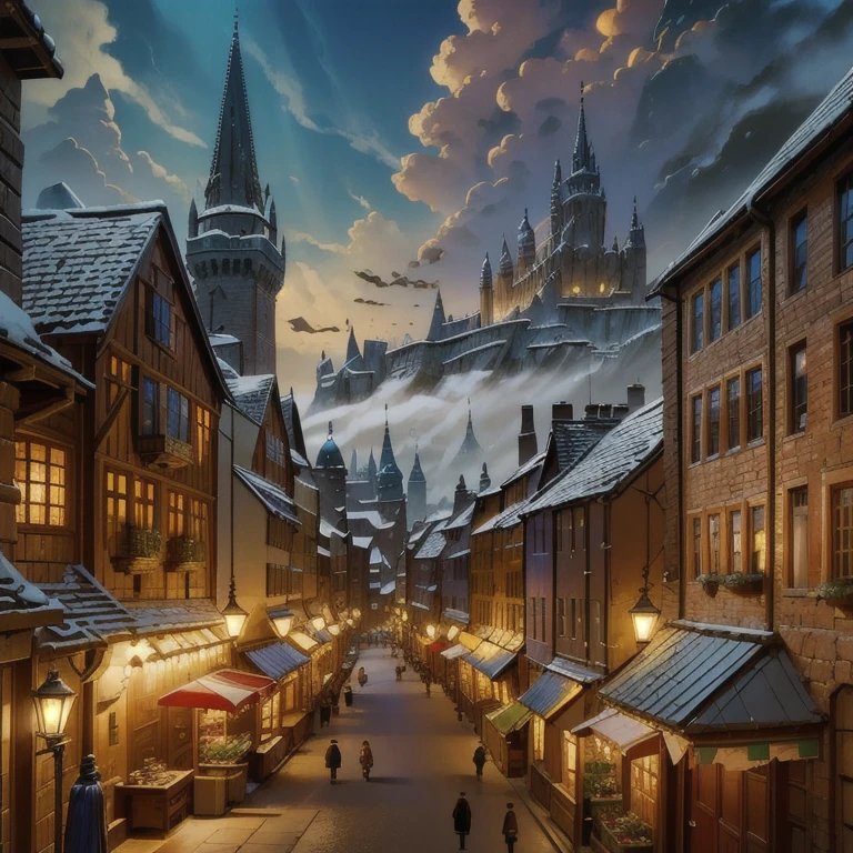 a detailed fantasy medieval cityscape with bustling markets, intricate buildings, and charming houses in a setting of fluffy clouds and a bright blue sky, vertical orientation, highly detailed illustration, high stylization, a traveler overlooking the city from atop a hill, (best quality,4k,8k,highres,masterpiece:1.2),ultra-detailed,(realistic,photorealistic,photo-realistic:1.37),enchanting atmosphere, cinematic perspective, warm color palette, dramatic lighting, fantasy elements, medieval architecture, cobblestone streets, ornate windows and doors, towering spires, lush greenery, ornate market stalls, vibrant crowds, horse-drawn carriages, flags and banners waving, glowing lanterns, detailed textures, seamless composition