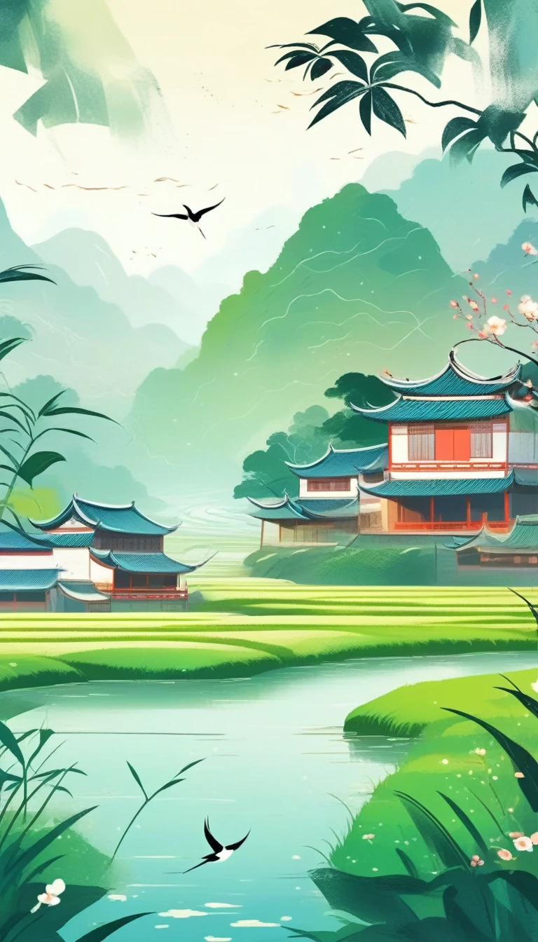 Qingming Festival Chinese countryside, plants and flowers, swallows, wicker, rice field, light rain, river, bright, spring green, bright background, blank at the top of the frame, flat illustration, Victo Ngai style,(The background at the top of the screen is blank:1.4), The style is simple, with flat illustrations and simple lines.Flat illustration in a vector art style,creating a tranquil atmosphere with soft lighting. The artwork is presented at a high resolution.