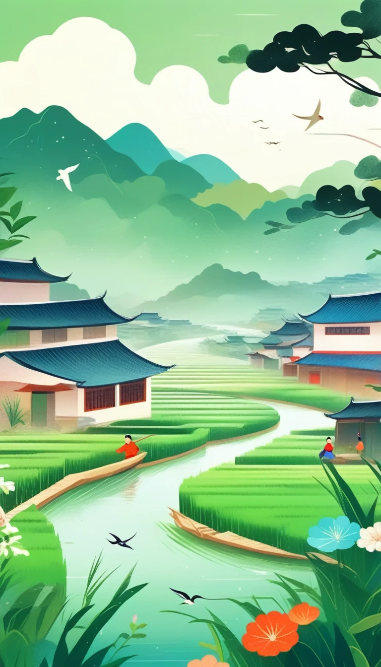 Qingming Festival Chinese countryside, plants and flowers, swallows, wicker, rice field, light rain, river, bright, spring green, bright background, blank at the top of the frame, flat illustration, Victo Ngai style,(The background at the top of the screen is blank:1.4), The style is simple, with flat illustrations and simple lines.Flat illustration in a vector art style，creating a tranquil atmosphere with soft lighting. The artwork is presented at a high resolution.