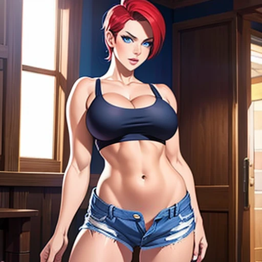 (masterpiece, Highest quality:1.2), alone, blue eyes, Cleavage, White tank top , Denim jeans,  Large Breasts, lips, short hair, belly button, nose, open jeans, panties, photograph\(Moderate\), Redhead, Realistic, Underwear showing, Ripped jeans, Are standing, Covered nipples