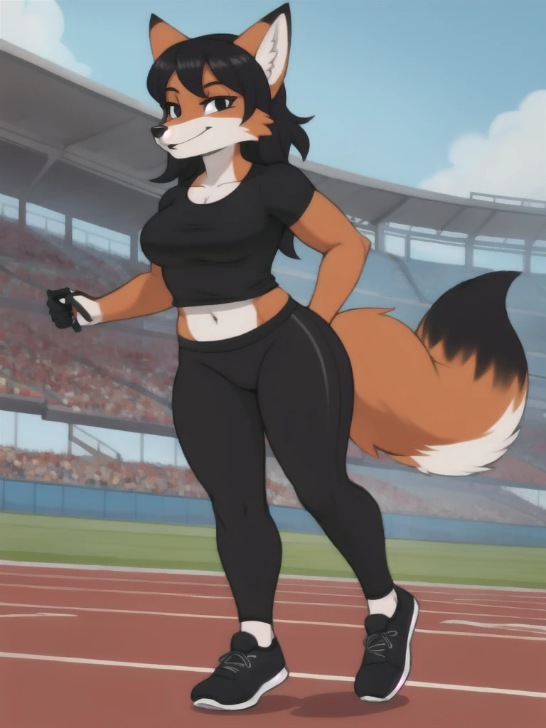 Furry, fox, female, black shirt, black leggings, shoes, running track, solo, full body