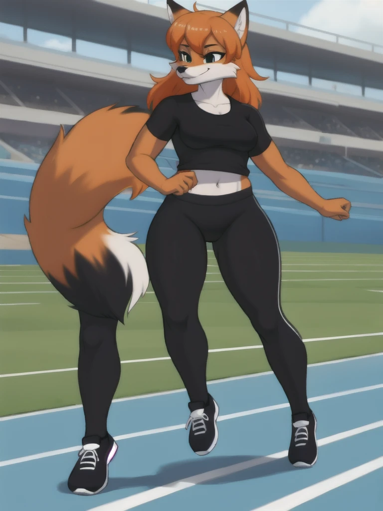 Furry, fox, female, black shirt, black leggings, shoes, running track, solo, full body