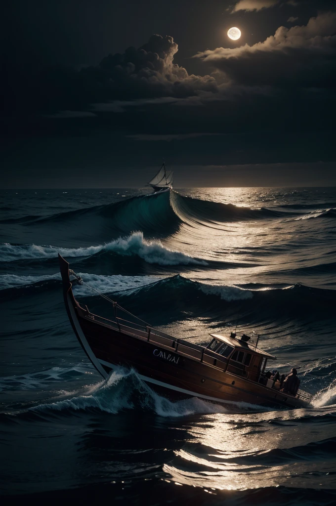 a dark wooden ship sailing at night, full moon, dramatic cloudy sky, waves crashing against the ship, glowing bioluminescent plankton in the water, intricate wood grain texture, dramatic lighting and shadows, moody and atmospheric, detailed realism, cinematic composition, hyper detailed, 8k, highly detailed, photorealistic, octane render, studio lighting, dramatic chiaroscuro lighting