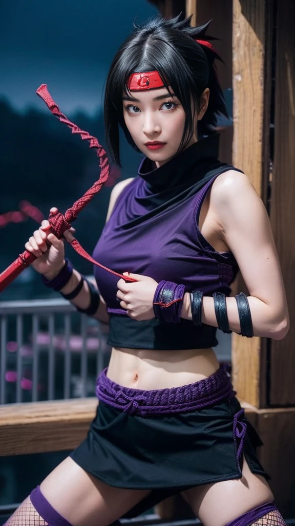 Moisturized skin, (red eyes: 1.4), perfect body, adult female body, mature, cold expression,
BREAK,
(beautiful navel), (kunoichi), (ninja), sexy, (kunai), (leather), fishnet, (fishnet stockings: 1.2), (black clothes), bright red lipstick, (ninja clothes: 1.4),
BREAK,
(highly detailed hair: 1.2), spiky black hair, spiky hairstyle, ((headgown with a bowl)),
BREAK,
((masterpiece + highest quality + high resolution + highly detailed)), (full body: 1.2), symmetrical, one shot,
BREAK,
(blue electricity flows), (Wind blows), (Fighting stance: 1.4), ((A big full moon is in the sky)),
BREAK,
(Uchiha Sasuke: 1.3), Elegant, ((Holding a Japanese sword)), Black sword, Holding the handle of the sword, Long blade, Neon city, Night, Long, big, thick rope around waist, ((Purple electricity runs through the whole)),