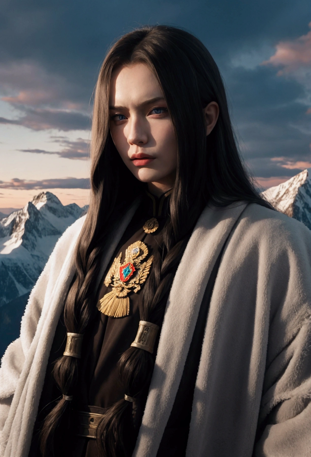 Russian , with long hair, evil face, new, on a mountain.