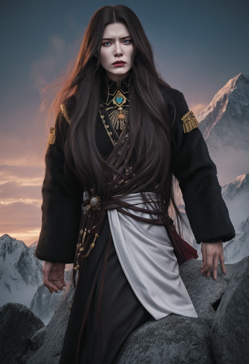 Russian  ,  with long hair, evil face, new, on a mountain.