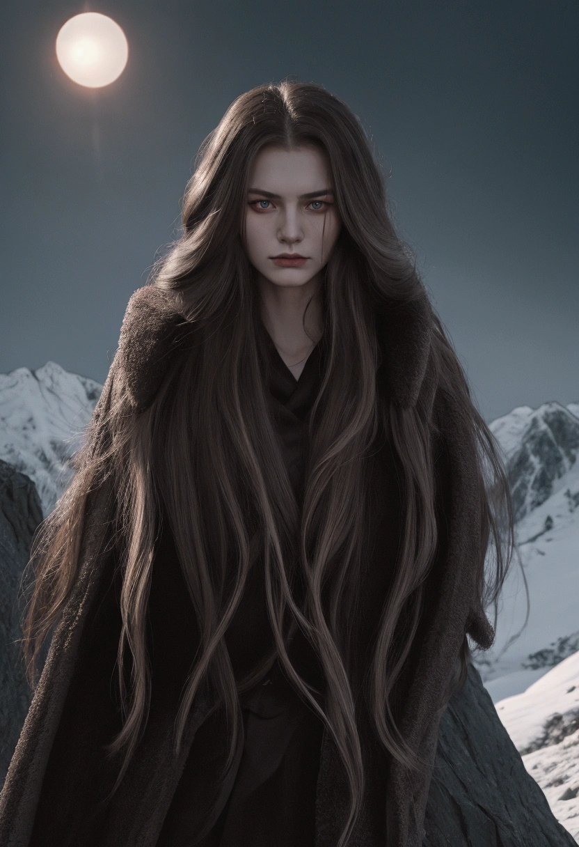 Russian , with long hair, evil face, new, on a mountain.