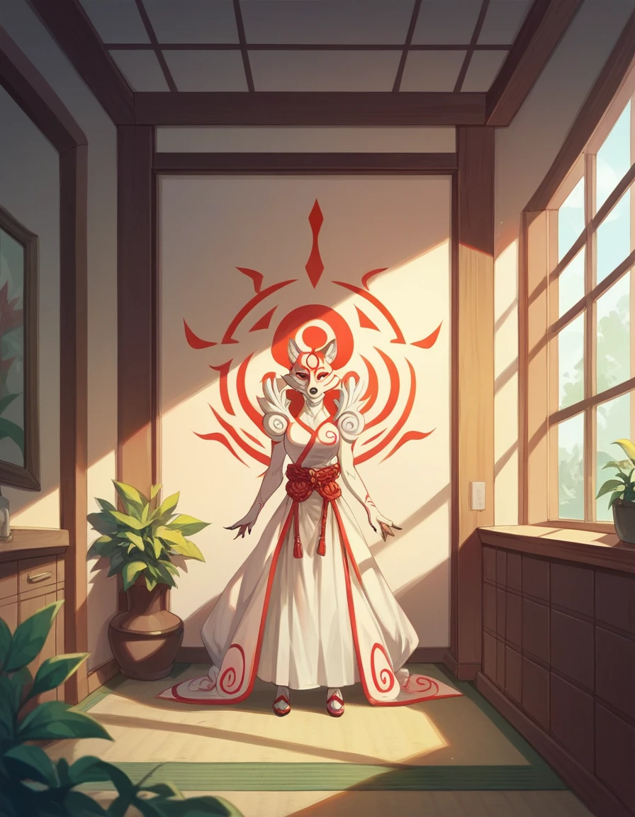 score_9,score_8_up,score_7_up, score_6_up, source_furry, okami Amaterasu, standing, indoors