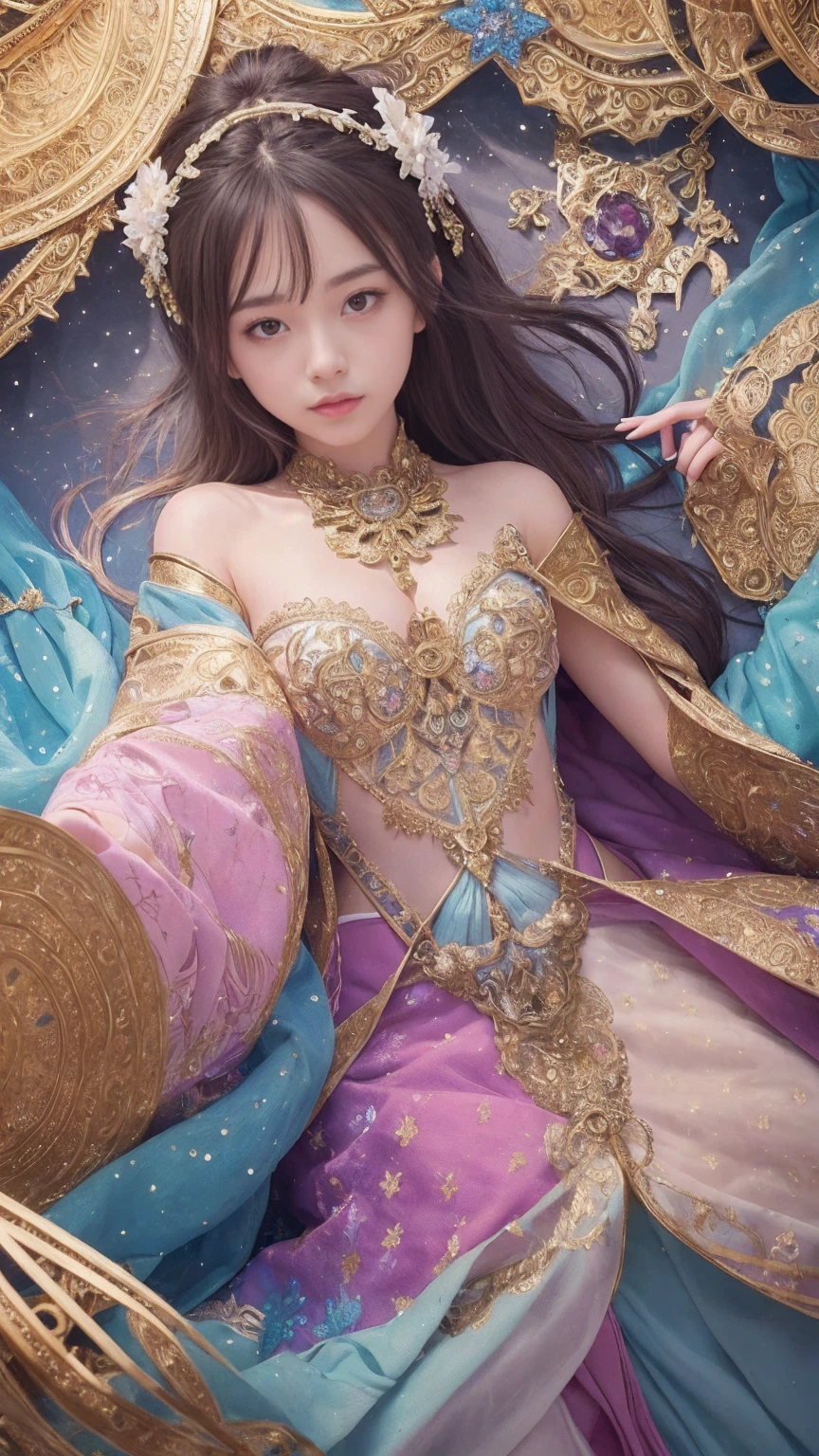 Perfect NwsjMajic,(masterpiece, Highest quality, Highest quality, Official Art, beautiful and aesthetic:1.2), (One girl), Very detailed,colorful,Most detailed, Official Art, unity 8k wallpaper, Super detailed, beautiful and aesthetic, beautiful, masterpiece, Highest quality, (zenTangle, Mandala, Tangle, enTangle) ,Holy Light,Gold foil,Gold leaf art,Sparkly Painting,