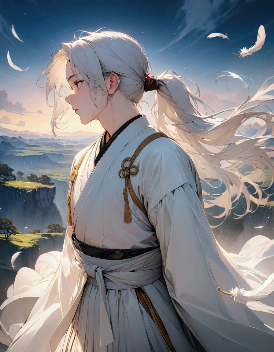 (masterpiece:1.3),(最high quality:1.4),(Very detailedな:1.5),High resolution,Very detailed,8k,artwork,High level of detail,rendering,high quality,Wide range of colors,number々A fantastic space where white feathers rain down,Vivid light,(One man、profile),Landscape,Cool handsome guy,Swordsman、(White Hair)、Long hair that reaches down to the waist is tied in a single ponytail、White Hakama、白いSwordsmanの服装、((samurai)),There's a sword on his waist、Looking up with a blank look。