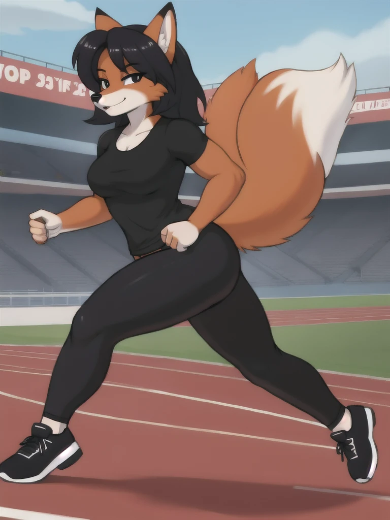 Furry, fox, female, black shirt, black leggings, shoes, running track, solo, full body