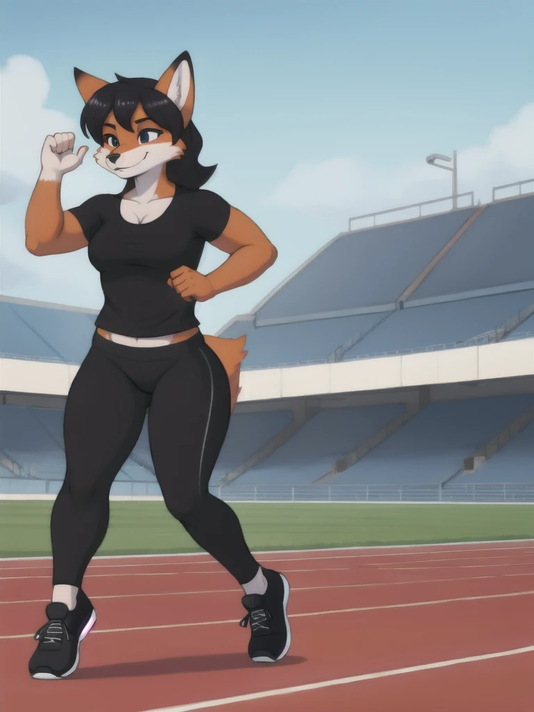 Furry, fox, female, black shirt, black leggings, shoes, running track, solo, full body