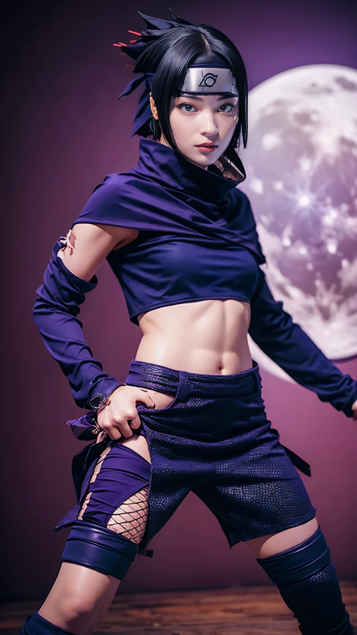 Moisturized skin, (red eyes: 1.4), perfect body, adult female body, mature, cold expression, ((hand gesture)),
BREAK,
(beautiful navel), (kunoichi), (ninja), sexy, (kunai), (leather), fishnet, (fishnet stockings: 1.2), (black clothes), bright red lipstick, (ninja clothes: 1.4),
BREAK,
(highly realistic hair: 1.2), spiky black hair, spiky hairstyle, ((headband on forehead)),
BREAK,
((masterpiece + highest quality + high resolution + highly detailed)), (full body: 1.2), symmetrical, one shot,
BREAK,
(blue electricity flows), (Wind blows), (Battle stance: 1.4), ((A big full moon is in the sky)),
BREAK,
(Uchiha Sasuke: 1.3), Elegant, Neon city, night, a long, big, thick rope around his waist, ((Purple electricity runs through the whole body)),