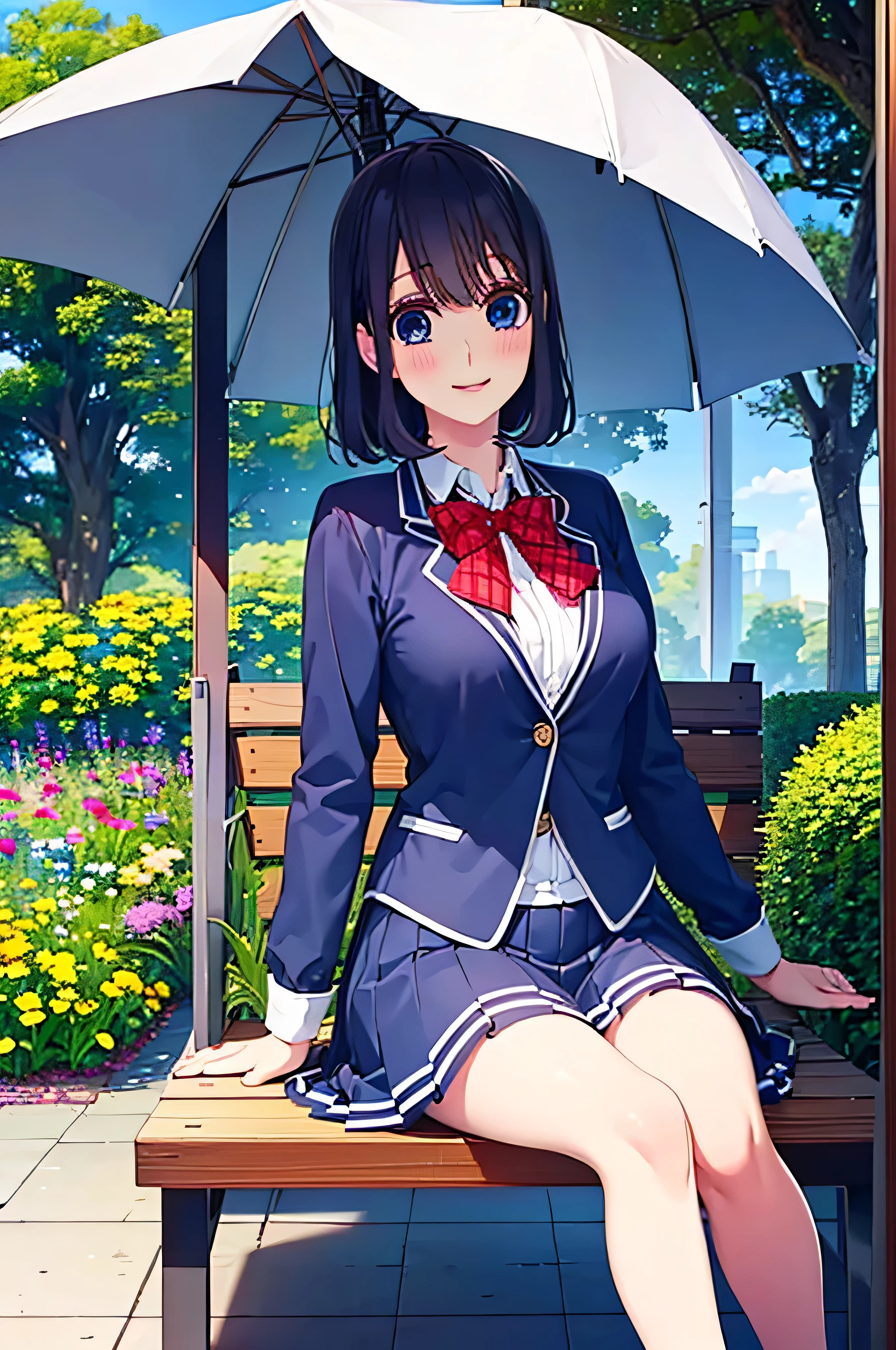 misaki_takasaki, 1girl, black hair, blue eyes, , seen from afar, smiling, sitting on a bench inside a gazebo, looking at viewer, garden full of roses around, hands resting on lap, masterpiece, best quality, realistic, hdr