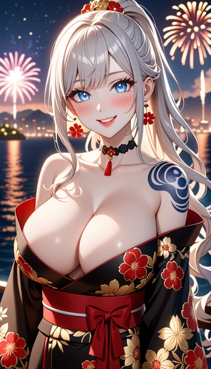 ultra-detailed, ((one girl)), (pale skin:1.5), fair-skinned gyaru, ((Girl in black kimono)), (heavy makeup), (professional lighting), hyper detailed, absurdres, 8k, Beautiful Face, (Laugh shyly), ((teasing smile:1.2)), ((happy smile:1.4)), ((Wink:1.4)), (Laugh with your mouth wide open),((Tilt your face:1.6)), View your viewers, ((full-face blush:1.4)), Glossy Red Lips, ((huge breasts:1.6)), undressing, ((She is undressed up to her shoulders, highlighting her cleavage.)), ((Shoulder Tattoo:1.3)), summer, night,Observatory with a view of the sea, firework, ((Anime style background)),masterpiece, Highest quality, so beautiful,Latest, Complex details, ((red long nail:1.2)), (ring),(bracelet), (Floral Choker),AI-generated, Complex,High resolution, Highest quality, super high quality,3D Images、3D Images,One person, (Silver White hair),Long Hair, (White high ponytail), (wavy hair:1.3)), Anime woman posing for a photo, ((Eyes with detailed pupils、blue eyes、glowing eyes:1.3)), (Squint your eyes:1.1),a hyperRealistic , hyperRealistic , Realistic,Anime woman with long white hair, Smooth anime CG art, ((A girl in a gorgeous black kimono:1.2)), ((black furisode:1.3)),Gold embroidery, (Large floral pattern in red color), (sideboob), (Long red flower hair ornament),(big floral earrings), Mature Body, tall,Narrow waist, ((model posing:1.3)), (extreme close-up shot), ((dutch angle:1.2)),