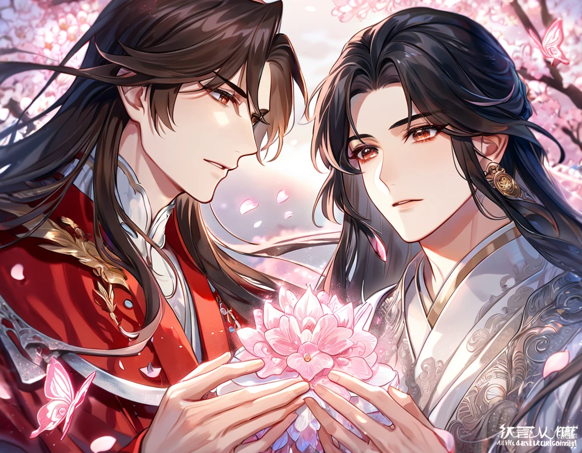 absurdres, highres, ultra detailed, HDR, master piece, best quality, extremely detailed, Hua Cheng, black hair, long hair, expressive red eyes, Heaven Official's Blessing, Xie Lian, brown hair, expressive brown eyes, two sexy men together, yaoi, gay couple, handsome, sensual, white robes, red robes, magical, sparkling, pink glittering fireflies, pink ice, pink ice butterflies, pink ice petals, pink ice cherry blossoms, pink crystal