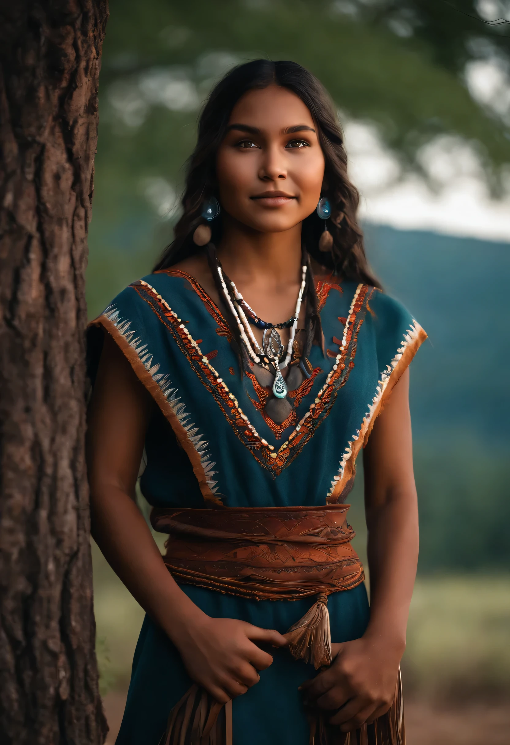 (grainy:0.5), cinematic, Kizi,native american,fancy,(standing alone:1.3), detailedeyes, face detailed, detailed  native american clothing , volumetric lighting, twilight, extremely detailed background, Standing next to the tree, smiling, eyes half closed, head tilted, from sideways