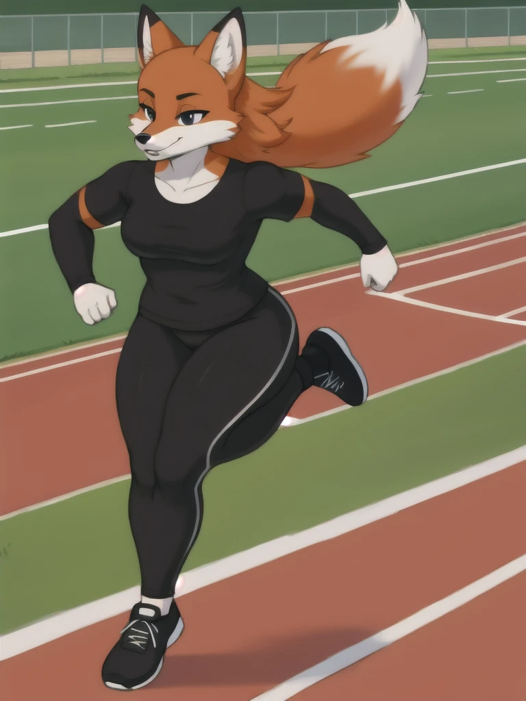 Furry, fox, female, black shirt, black leggings, shoes, running track, solo, full body