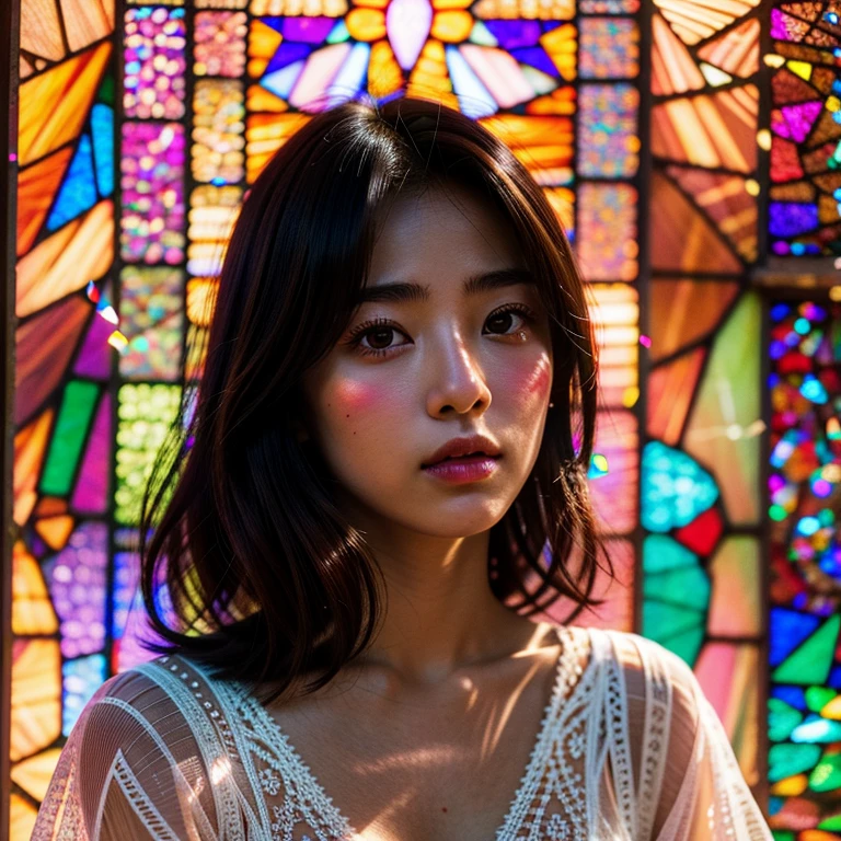 SFW, concept art, Tiny junior idol, (Detailed Delicate lace knitted white clothes), (nipple:-0.9), face closeup, (Elaborate stained glass Background:1.37), (((Renbutsu Misako), colorful Light shines through delicate stained glass:1.2, vivid red colors, Luminous Particles, light Particles))(Acutance:0.8). (ProfessionalPhoto:1.2),(ultra-detailed:1.37), (Extremely detailed KAWAII face variations, innocent expression variations), rosy cheeks, intricate detailed eyes with sparkling highlights, long eyelashes with volume, subtle blush on the face. Mystic sight, haze, Impeccable Radiant PearlSkin with Transparency, captivating gaze, ((Dynamic-angle)), whole Body proportions and all limbs are anatomically accurate . (Exposed:0.44)