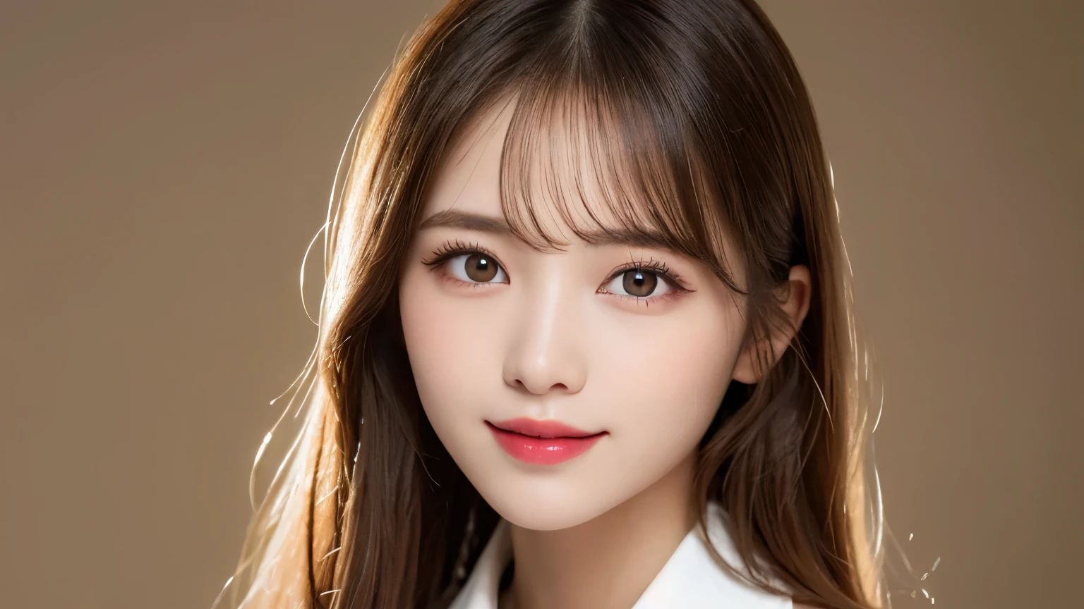 white background, bust up photo, Shows everything from the top of the head to the bust, looks happy, highest quality, shape, Super detailed, finely, High resolution, 8k wallpaper, Perfect dynamic shape, beautiful and detailed eyes, D cup, natural color lip,smile、20 year old girl, Beautiful and dense face、perfect and beautiful face,Big eyes、real photos(best image quality), blouse (beige)、looking at camera、Please stand、Do gal makeup