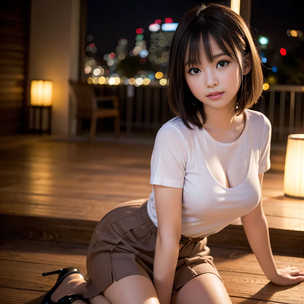 (Realistic, Realistic: 1.37), (masterpiece), (Highest quality: 1.4), (Ultra-high resolution: 1.2), (RAW Photos: 1.2), (Sharp focus: 1.3), (Face focus: 1.2), elegant, (whole body: 1.2), Highest quality, masterpiece, (Realism: 1.2), girl, Brown Hair, Brown eyes, front, Detailed face, Beautiful Eyes、, sharp、 Cute Face、idol、Short sleeve tulle top、 Pleated mini skirt , Night cityscape、、smile, pumps, very pretty, kitten、(Straight bangs)、(( One girl))、(Waist)、(I can see your thighs)、(Accurate depiction)、((Fuller lips)),Large Breasts、”dwarf”、Side angle、Cowboy Shot、