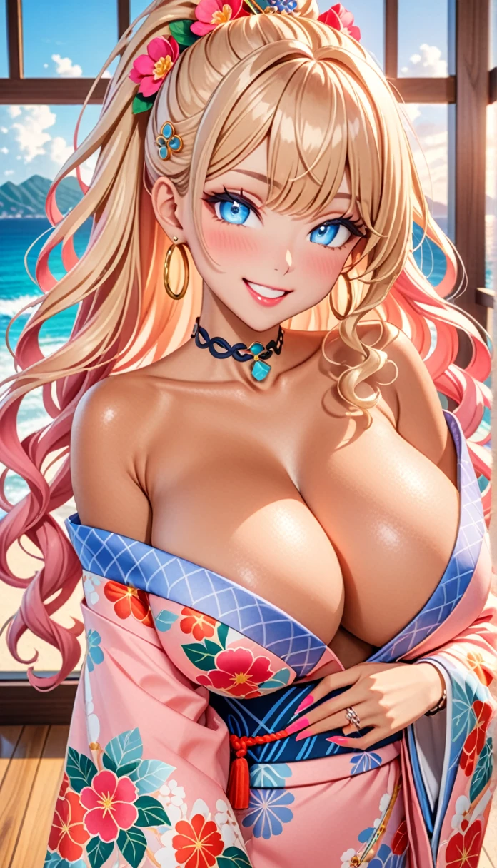 ultra-detailed, ((one girl)), (portrait), (tan skin:1.4), in pastel colors gyaru, (heavy makeup), (professional lighting), hyper detailed, absurdres, 8k, Beautiful Face, (Laugh shyly), ((teasing smile:1.2)), ((happy smile:1.4)),  ((Wink:1.5)), (Laugh with your mouth wide open),((Tilt your face:1.6)), View your viewers, ((Bright red cheeks:1.4)),Glossy shocking pink lips, ((huge breasts:1.6)), undressing, ((She is naked up to her shoulders, highlighting her cleavage.)), ((Her tattoo peeked through her kimono:1.2)), noon, summer, Luxury resort with ocean view, ((Anime style background)),masterpiece, Highest quality, (Brighten your face), so beautiful,Latest, Complex details, ((fluorescent pink long nail:1.2)), (ring),(bracelet), (Floral Choker),AI-generated, Complex,High resolution, Highest quality, super high quality,3D Images、3D Images,One person, (blond long hair), (High Ponytail), (wavy hair:1.4), Anime woman posing for a photo, ((Eyes with detailed pupils、blue eyes、glowing eyes:1.3)), BREAK, (Squint your eyes:1.1),a hyperRealistic , hyperRealistic , Realistic,Anime woman with long honey blonde hair, Smooth anime CG art, A girl in a gorgeous pastel-colored kimono, ((Pastel-colored furisode)),(Pink large floral pattern),  (sideboob), Long flower hair ornament,large gold hoop earrings, Mature Body, tall,Narrow waist,((dutch angle)), ((model posing:1.3)), extreme close-up shot,