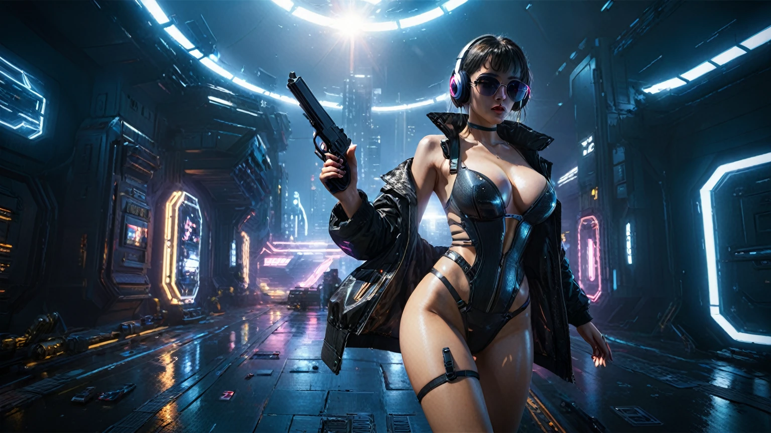 (((aerial view))), Blade Runner style futuristic cyberpunk 2077 flying vehicle docking platform, neon lights, at night. ((1girl, solo, alone)), large-breast:1.2 slim body, cleavage:1.1, sexy lingerie with wet jacket, headphone, (black sunglasses), (((she raised a pistol:1.8 and shot:1.8 the viewer))), dynamic pose, (((half-body thigh level medium shot))), cinematic lighting, lens flare, ray tracing, fisheye lens.