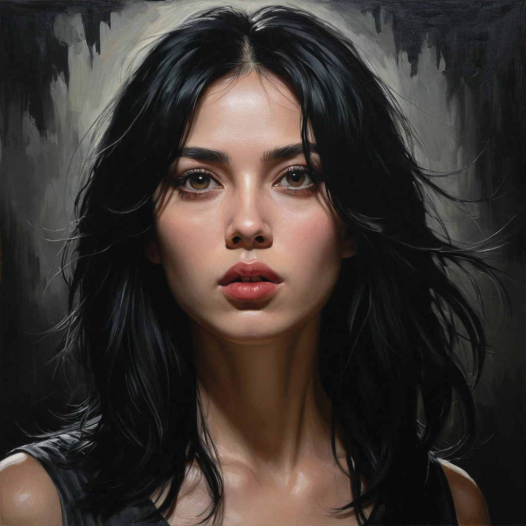 low angle)(woman)(black hair)(tall and threatening), (oil painting)(detailed face, eyes and lips), (soft brushstrokes)(dark and mysterious atmosphere), (strong chiaroscuro lighting), (best quality, high resolution, masterpiece: 1.2), (ultra-detailed) (realistic: 1.37), (professional), (vivid colors), (dark color palette)