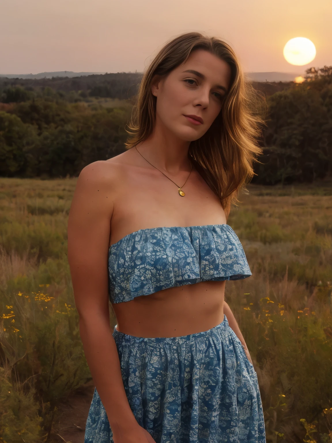 A young woman lies serenely on a lush, sunlit meadow, dressed in a stunning paisley print off-the-shoulder top and a flowing maxi skirt. The top, adorned with intricate paisley patterns in vibrant hues of teal, crimson, and gold, drapes gracefully over her shoulders, revealing her collarbones. The maxi skirt, made from a lightweight, airy fabric, flows around her with gentle movement, its subtle sways adding a touch of elegance to her pose.
Her hair is styled in soft, wavy blond locks that cascade over her shoulders, with a buzz-cut at the nape of her neck contrasting against the longer waves. The natural texture of her hair catches the evening light, highlighting its rich, golden tones. Her skin is a warm tan, with realistic imperfections such as freckles and slight blemishes, which add to the authenticity of her appearance. The evening light casts a warm, golden glow across her skin, enhancing its natural beauty and bringing out the rich textures and subtle shadows.
The background features a detailed, realistic depiction of a meadow, lush with greenery and dotted with wildflowers. The setting sun bathes the scene in a soft, golden light, creating a peaceful ambiance. The background is slightly blurred with a soft bokeh effect, focusing attention on the woman while adding depth to the composition. The gentle movement of the skirt and the subtle wind create a dynamic yet serene atmosphere, enhancing the natural feel of the scene.
The off-the-shoulder top reveals the graceful curve of her collarbones, and she wears a delicate necklace that catches the light. Her expression is serene, with a soft smile and a calm demeanor, reflecting a moment of tranquility. The detailed background includes the lush greenery of the meadow and the setting sun, contributing to the overall peaceful ambiance of the image. The intricate patterns on her top and the flowing fabric of her skirt are rendered with rich textures, adding depth and visual interest to the scene.