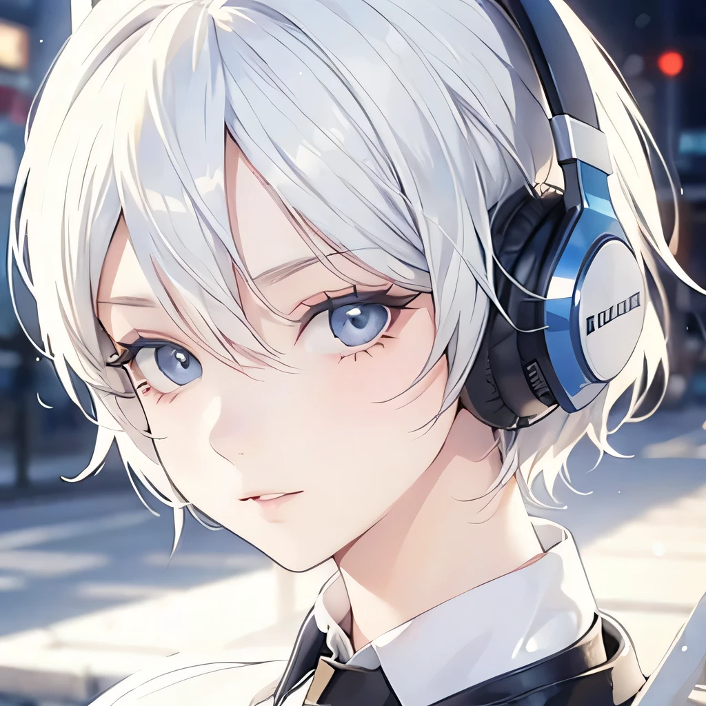 A cute short white hair,Wearing headphones,Modern comic book style,Blue Eyes,Side close-up