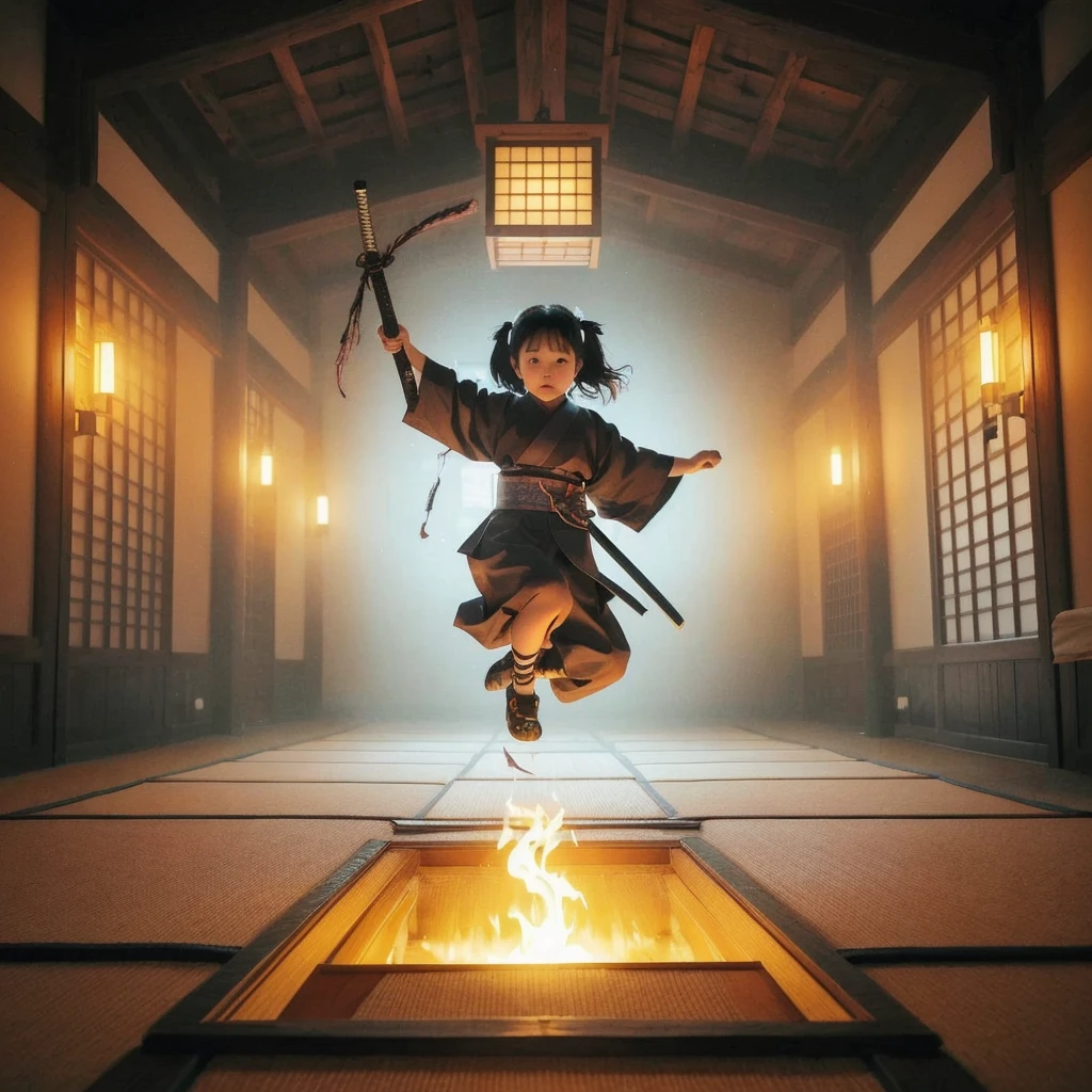 cinematography ,photo of a 6 yr old korean samurai girl in an enclosed inside minka area.the floor is a ractangle,a trap it opened like fusuma door emits a yellowish light another dimension tradisional Japanese night area and it's beneath her foot.the girl is jump and swirling her katana's sword around up so the flame flies in intricate patterns. highy realistic.she looking to camera