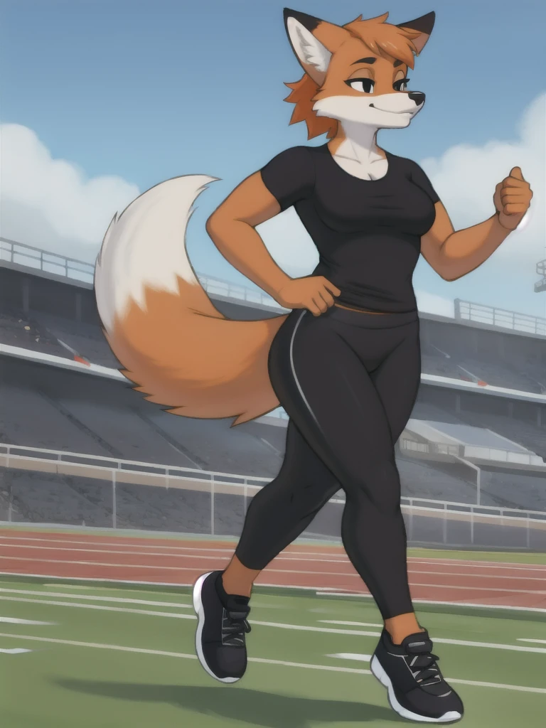 Furry, fox, female, black shirt, black leggings, shoes, running track, solo, full body