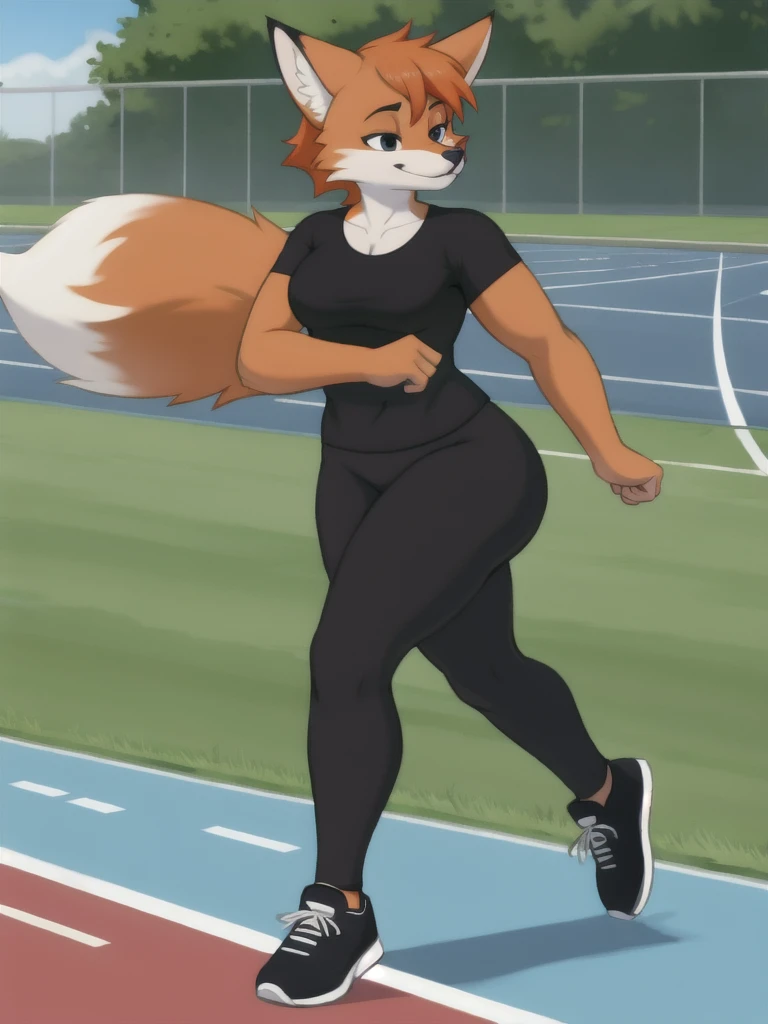 Furry, fox, female, black shirt, black leggings, shoes, running track, solo, full body