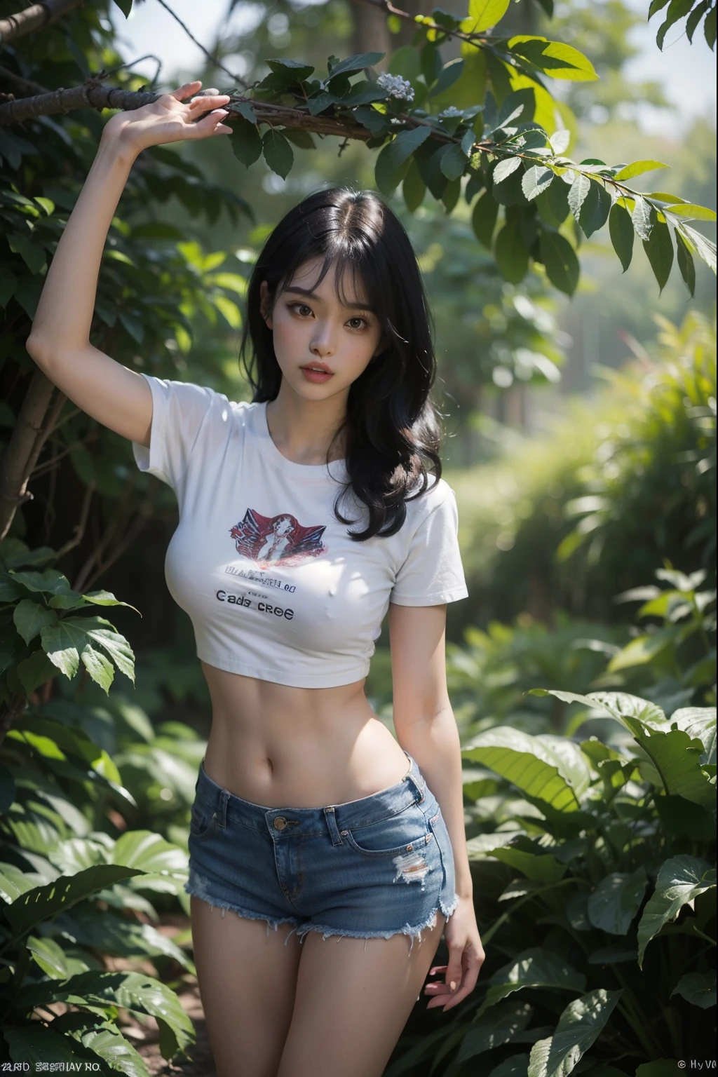 arafed asian woman denim skirt and tight tshirt posing for a picture, photo of slim girl model, sultry body, 2 4 year old female model, ((huge breasts|tight white tshirt)), ((tiny denim miniskirt)), beautiful alluring , model with attractive body, gorgeous young korean woman, gorgeous young model, young sensual graceful, gorgeous chinese model, ((curly bangs)), ((very dark short hair)), ((black hair in a rough shag)), wavy hair, (masterpiece:1.3), high resolution